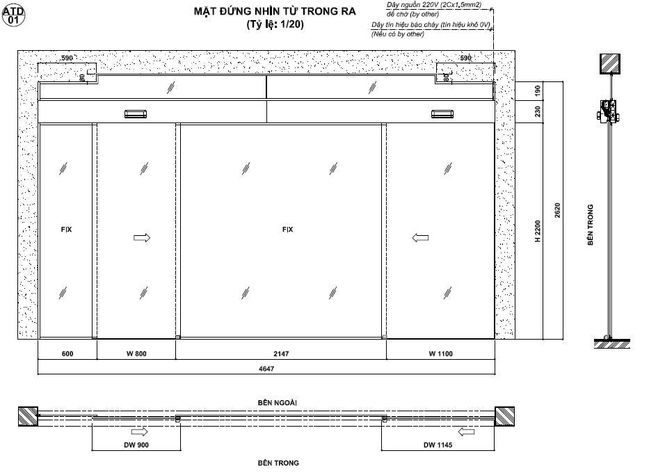 Bản vẽ kỹ thuật cửa kính trượt tự động nhiều cánh với kích thước chi tiết và hướng mở